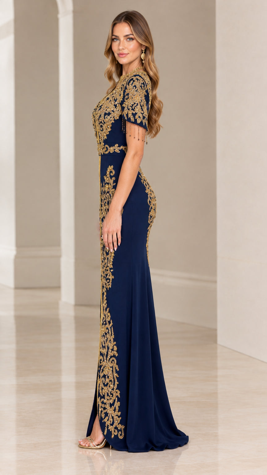 Side full-length view of navy blue gold-embroidered evening maxi dress