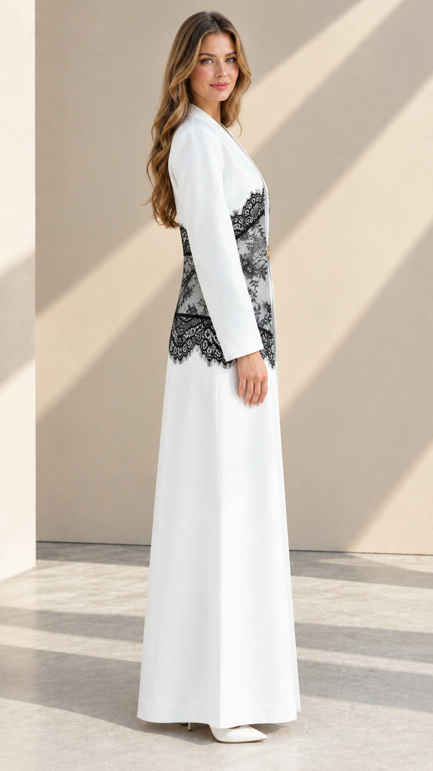 Side profile of white floor-length evening duster and trouser set