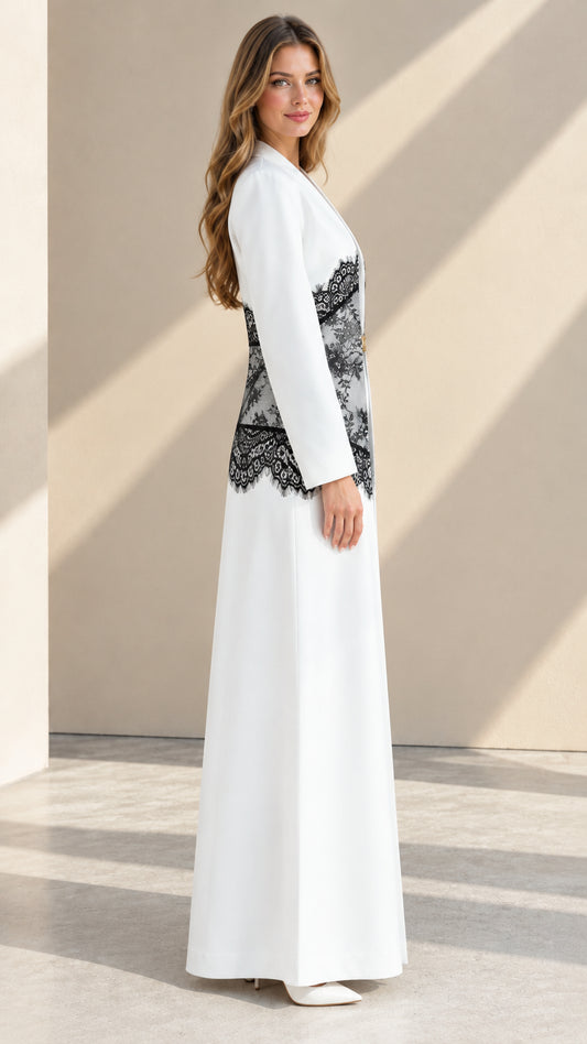 Side profile of white floor-length evening duster and trouser set