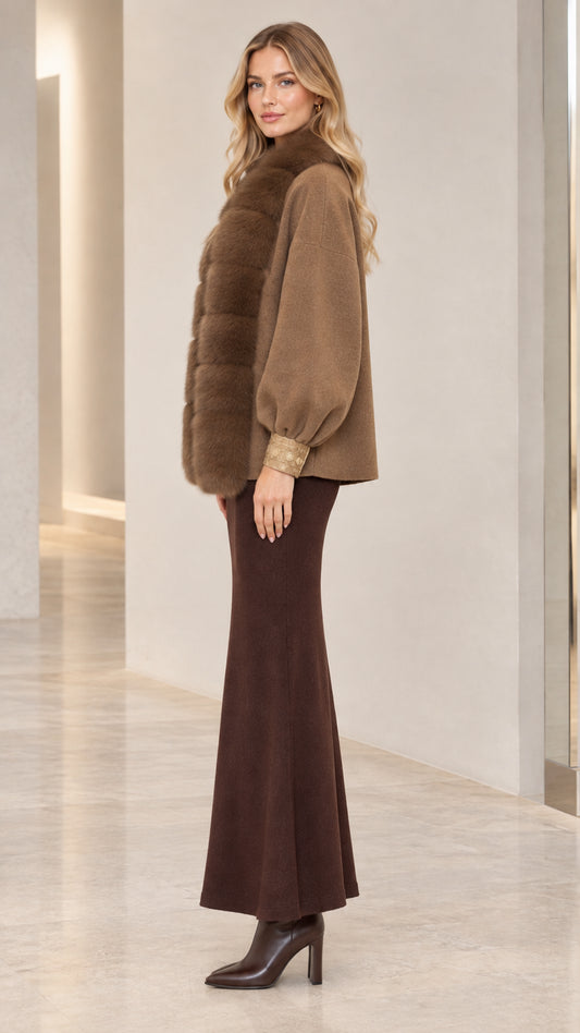 Side view of camel faux fur trimmed lantern sleeve jacket