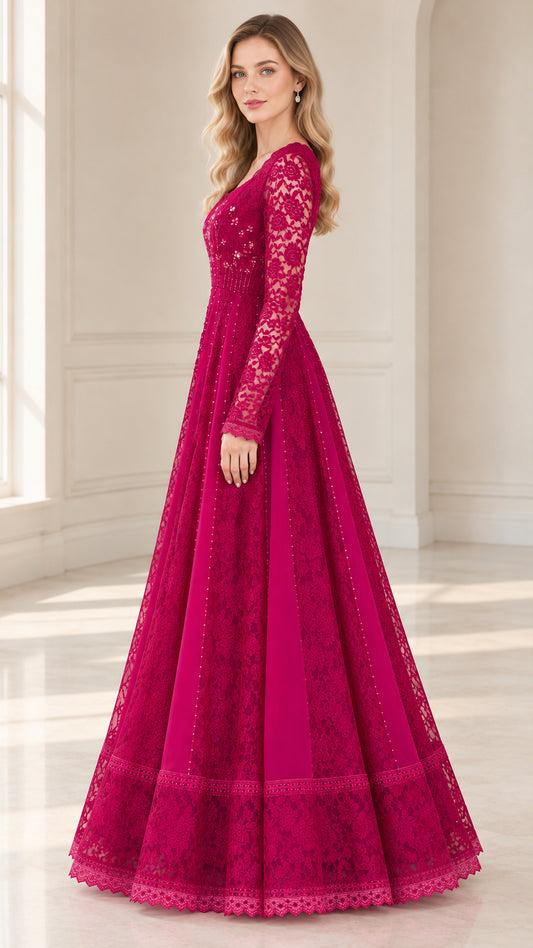 Side profile of magenta lace maxi formal gown