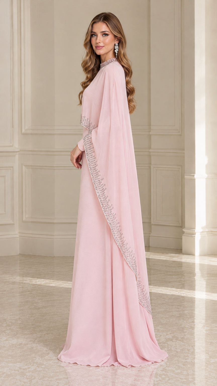 Side profile view of Blush Pink cape sleeve formal gown showing draped silhouette