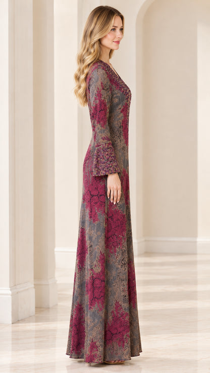 Side profile view of woman modeling deep burgundy printed maxi dress