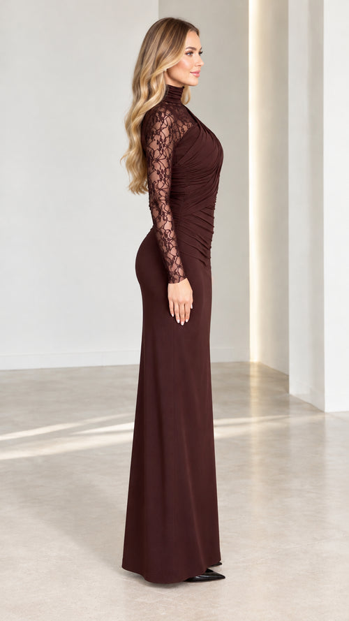 Side profile view of Chocolate Brown lace sleeve ruched maxi dress