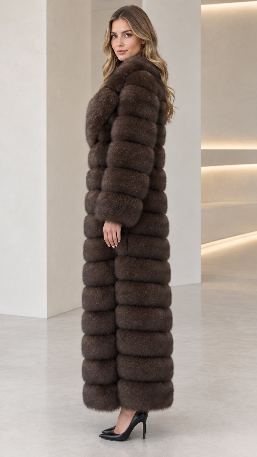 Side profile of woman wearing floor-length dark brown faux fur coat