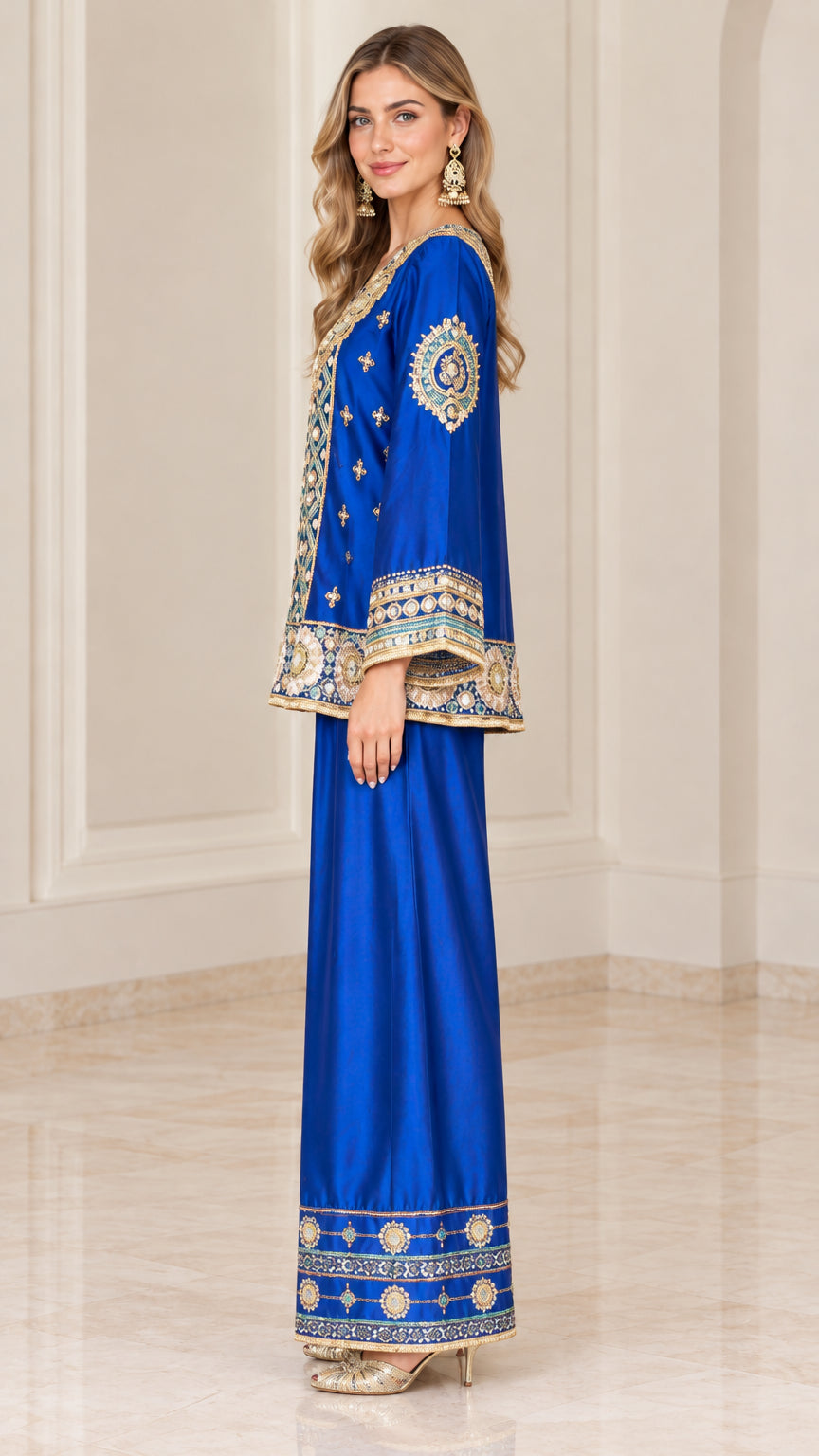 Side profile view of woman wearing royal blue embroidered two-piece set