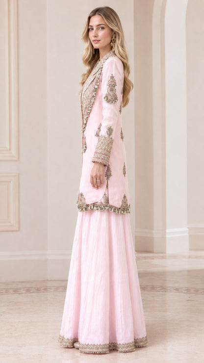 Blush Pink embroidered jacket and flared sharara set side profile