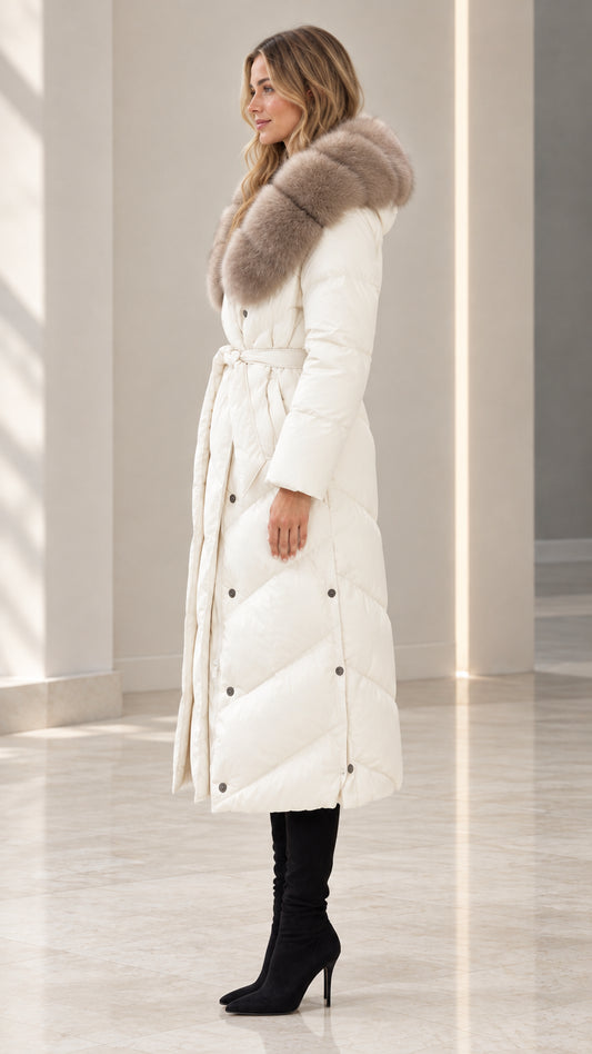 Side profile view of off white long winter puffer coat with matching sash belt