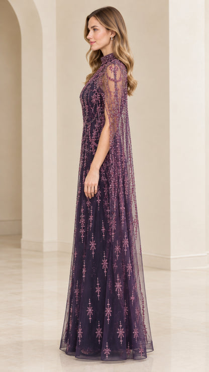 Side profile view of Deep Plum beaded evening gown showing flowing sheer cape silhouette