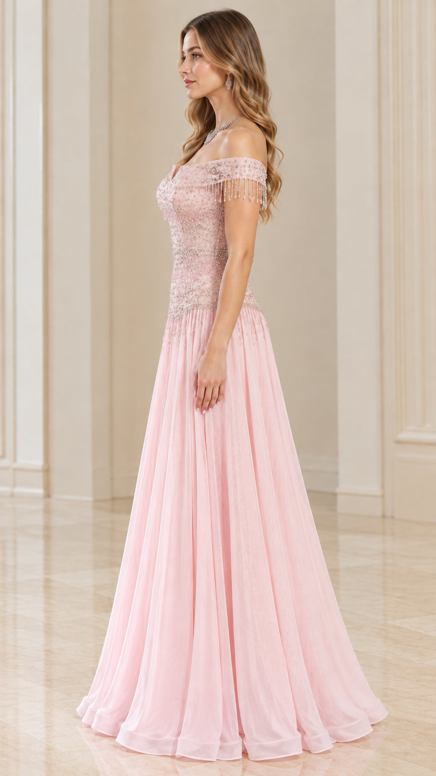 Blush Pink floor-length formal dress side profile view