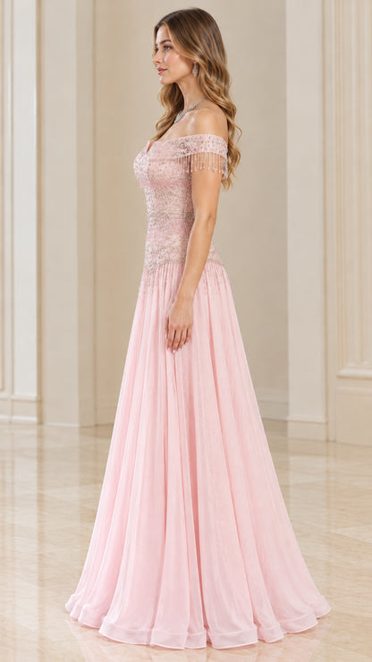 Blush Pink floor-length formal dress side profile view