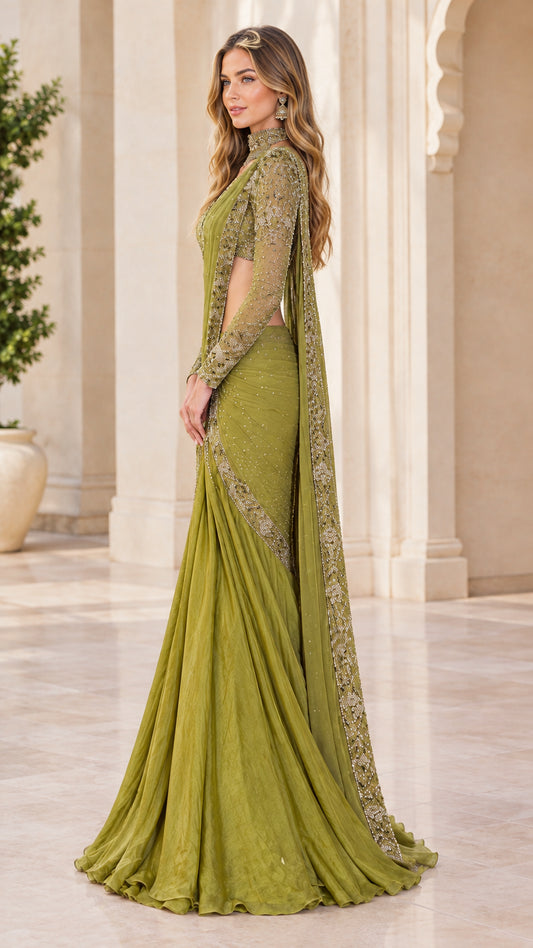 Side profile view of olive green pre-draped saree gown showing sheer sleeve details