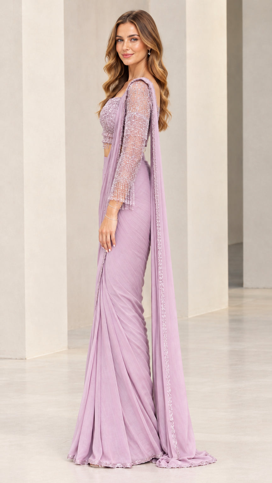 Side profile of model wearing a lavender ready-to-wear saree with shoulder drape