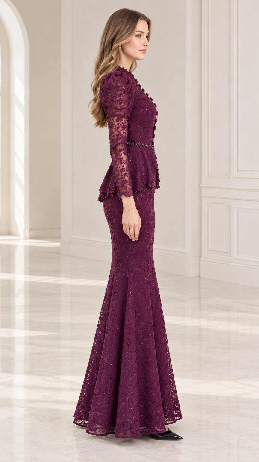 Side profile view of plum lace peplum formal dress with long sleeves