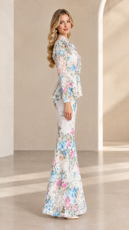 Side view of woman wearing white floral lace long-sleeve peplum dress set