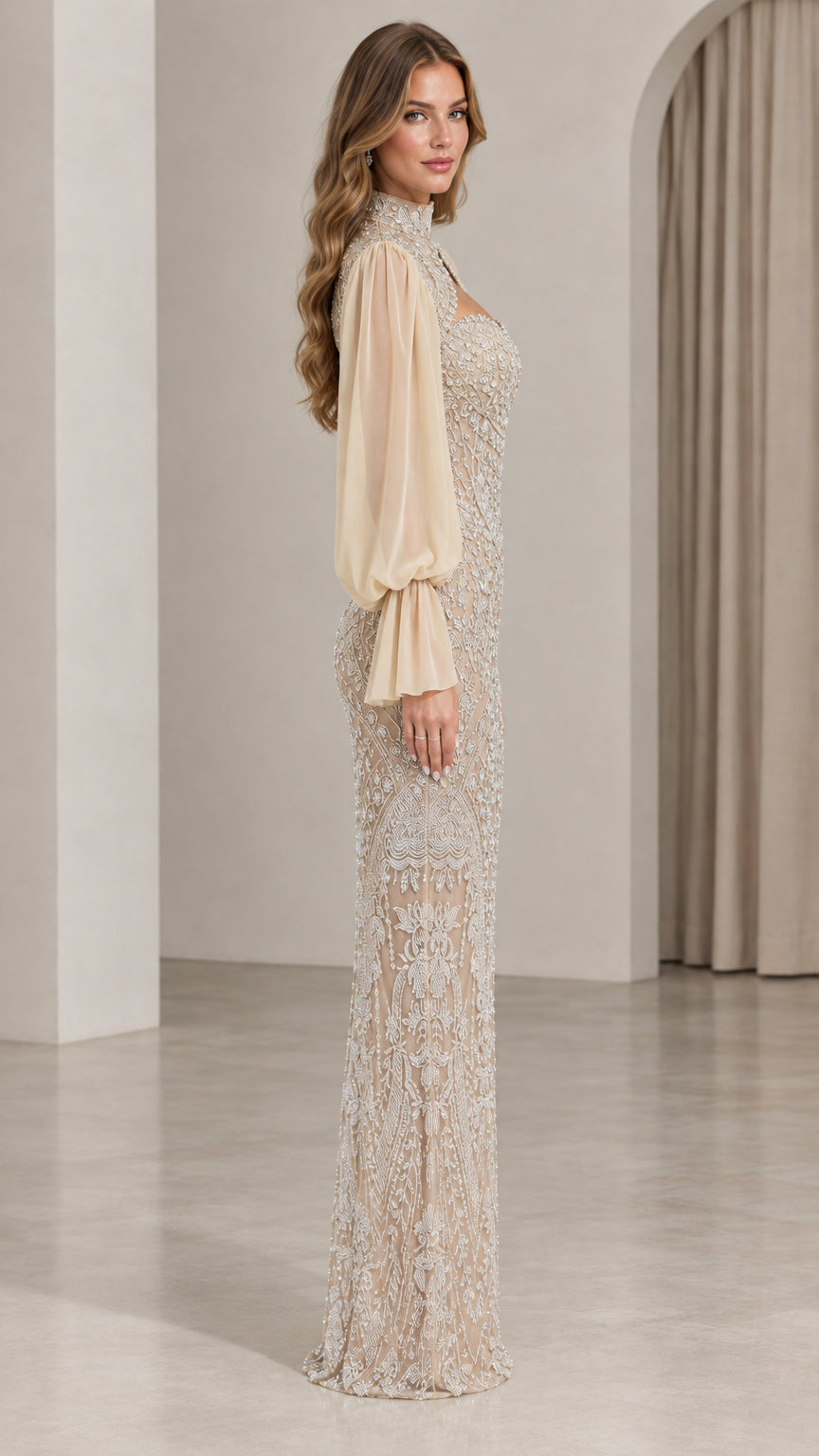 Side profile view of champagne keyhole maxi gown showing sleek column silhouette