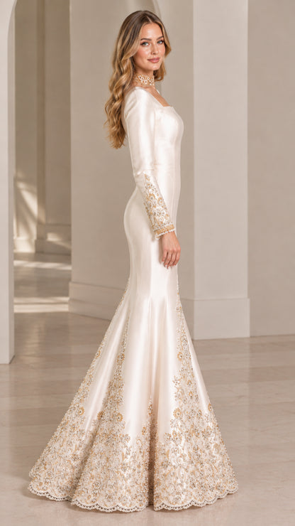Side profile view of ivory long sleeve satin mermaid dress with ornate embroidered hem