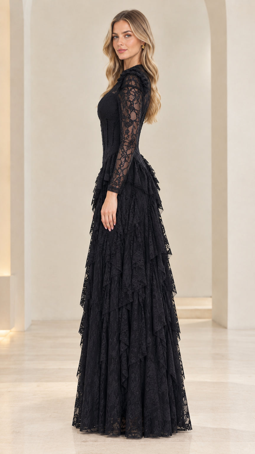 Side profile view of woman wearing long sleeve black tiered lace maxi dress