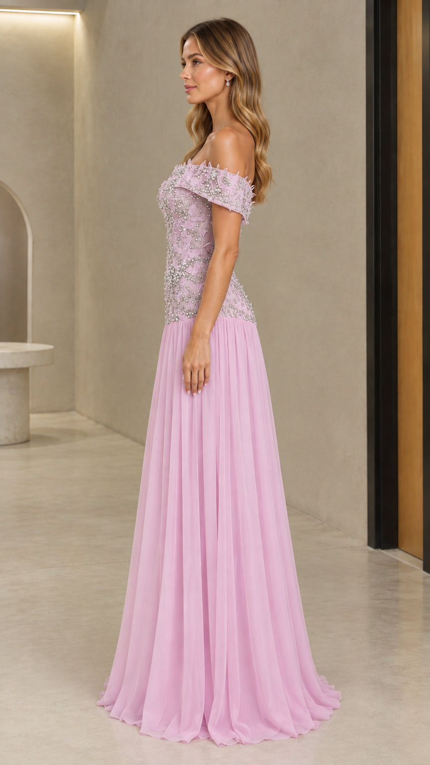 Side profile of model in floor-length lilac beaded chiffon formal dress