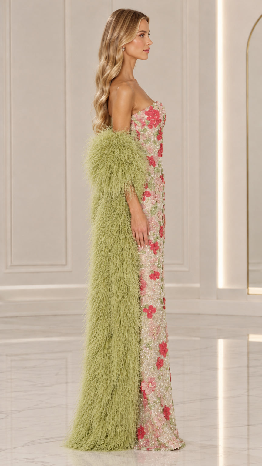 Side profile of model wearing Champagne Floral strapless evening gown and textured wrap