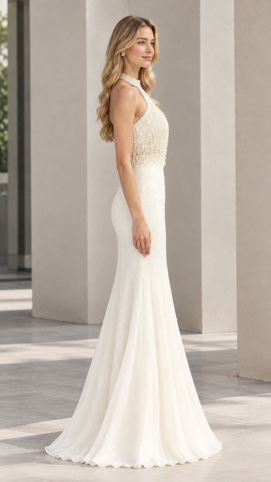 Ivory beaded halter evening gown side silhouette showing fitted mermaid skirt