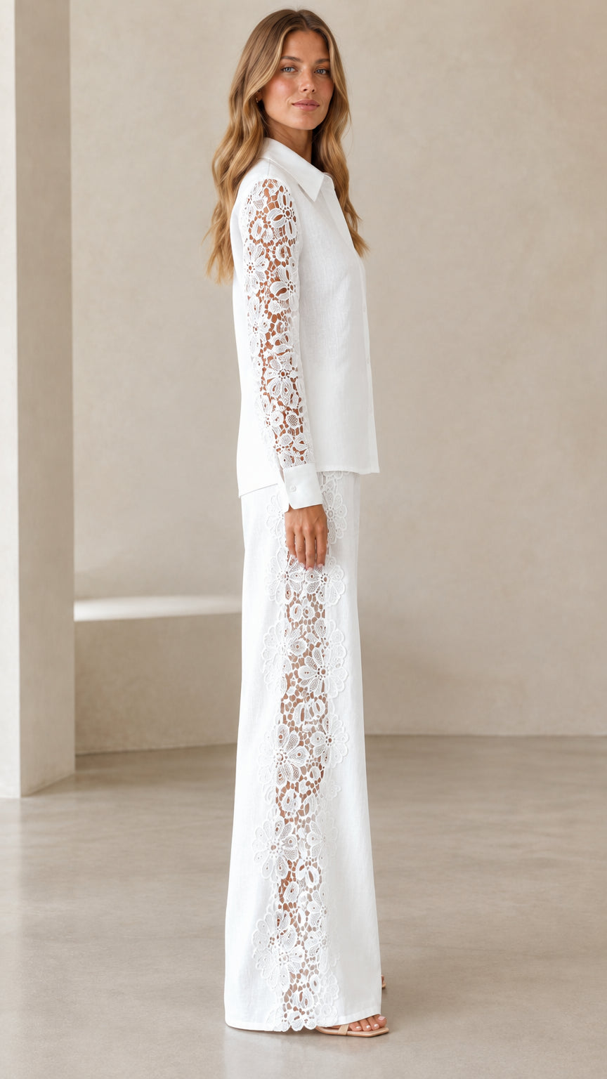 Side profile of woman wearing white matching set with sheer floral lace side panels