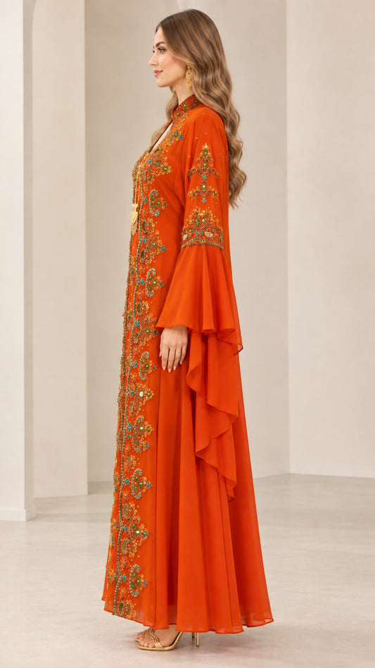 Rust orange embroidered kaftan dress side profile