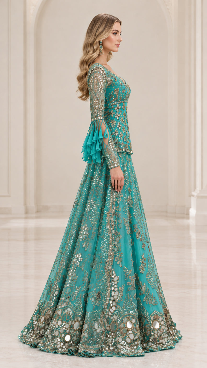Side profile of model in Teal long sleeve embroidered formal gown
