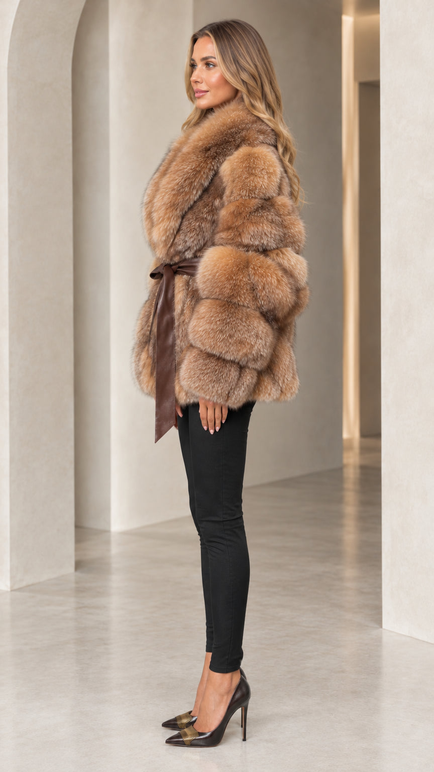 Side profile view of woman modeling Camel faux fur wrap jacket with tie waist