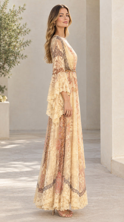 Side profile of elegant champagne lace evening gown with flowing hem