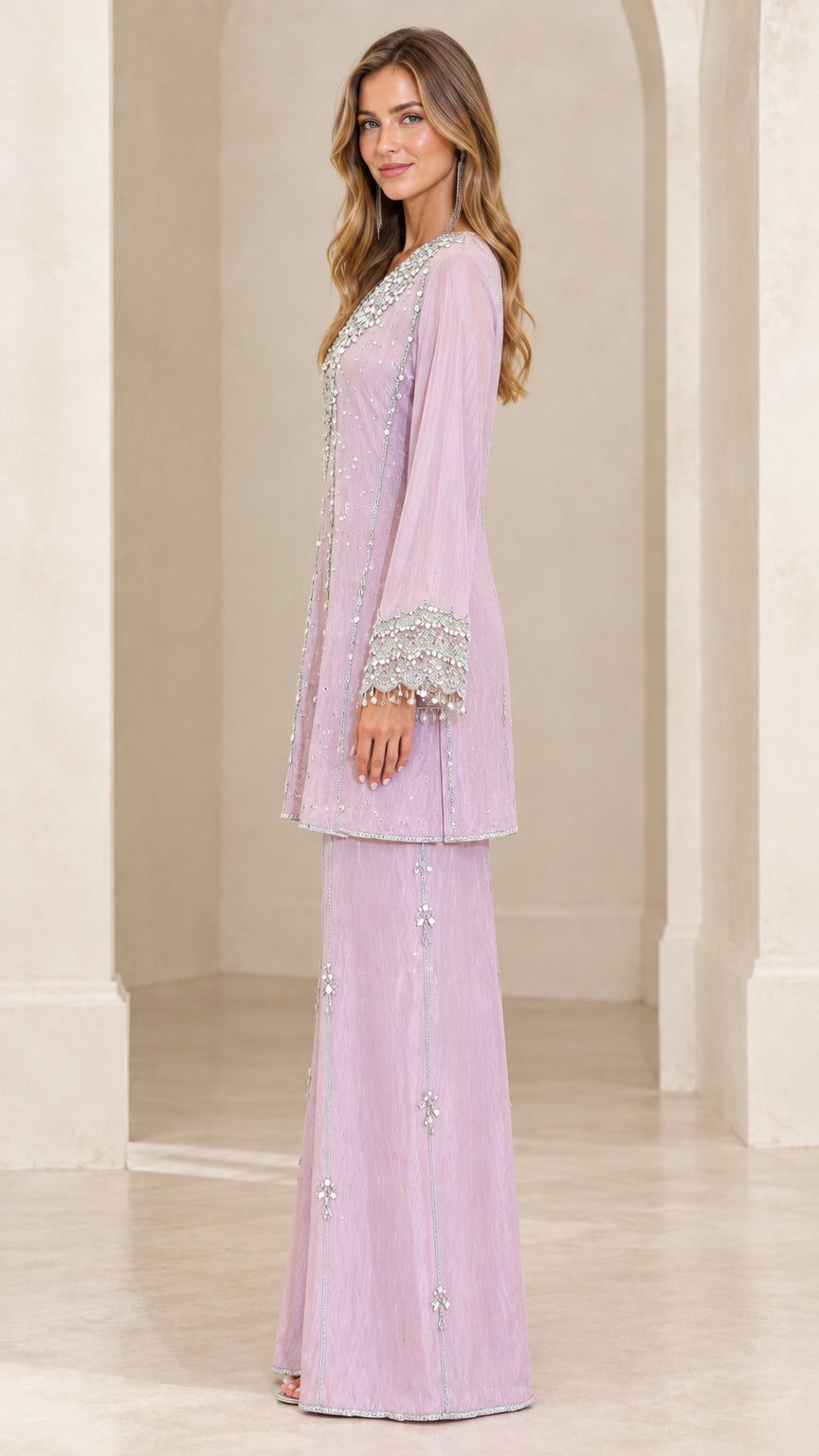 Side profile view of lilac embellished tunic and palazzo pant set