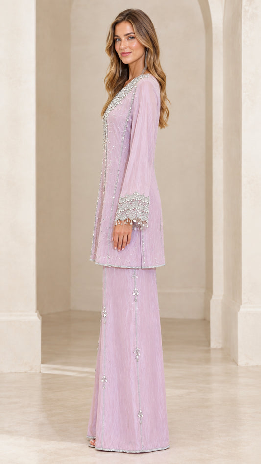 Side profile view of lilac embellished tunic and palazzo pant set