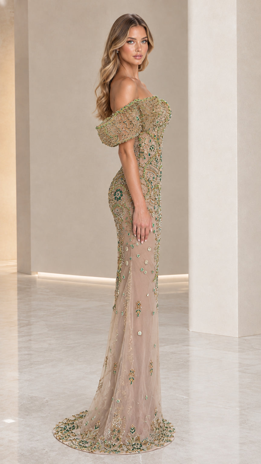 Champagne beaded evening gown side profile showing fitted mermaid silhouette