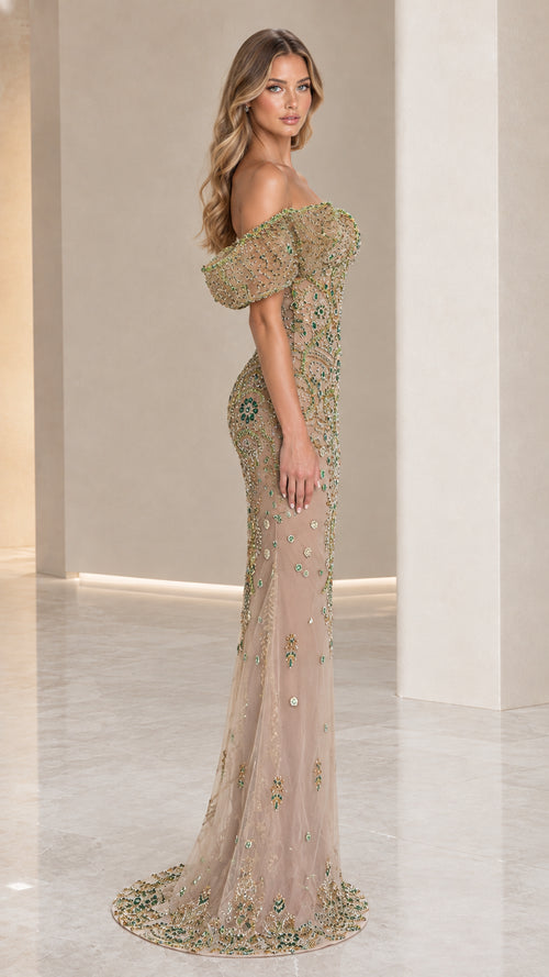 Champagne beaded evening gown side profile showing fitted mermaid silhouette