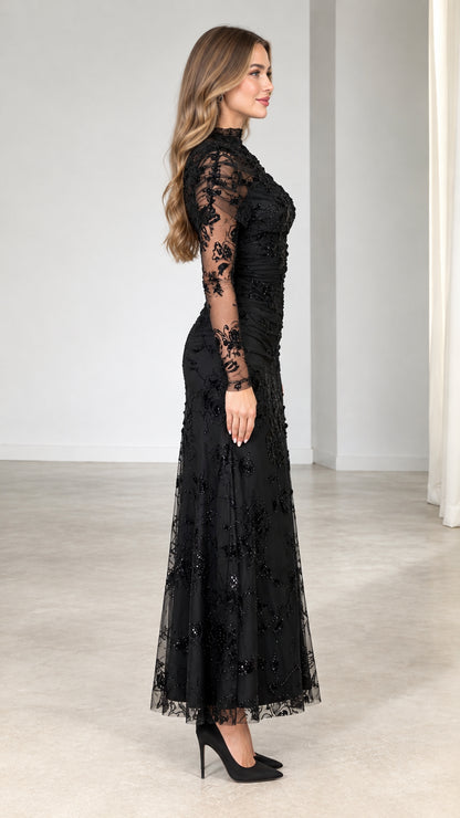 Side profile view of black sequin ruched high-neck formal gown
