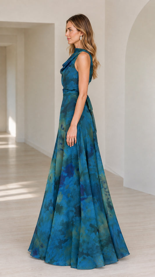 Side profile view of woman modeling the teal blue abstract print A-line evening dress
