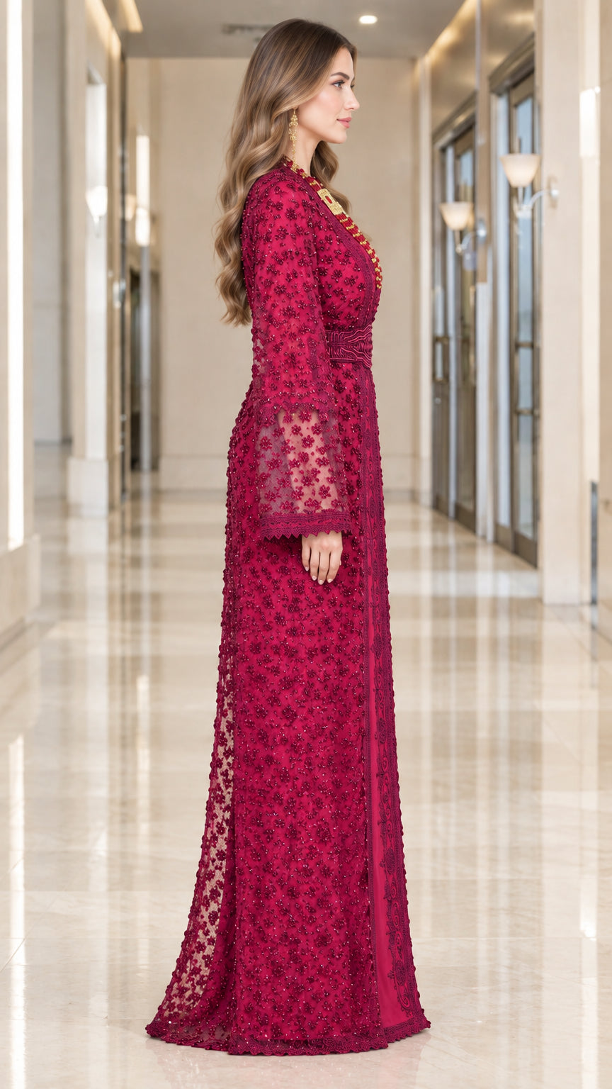 Side profile view of woman wearing magenta long sleeve beaded kaftan maxi dress