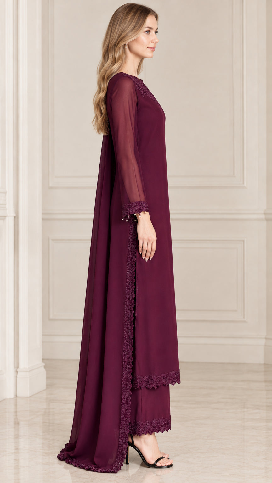Burgundy chiffon formal pant set side view showing longline tunic silhouette
