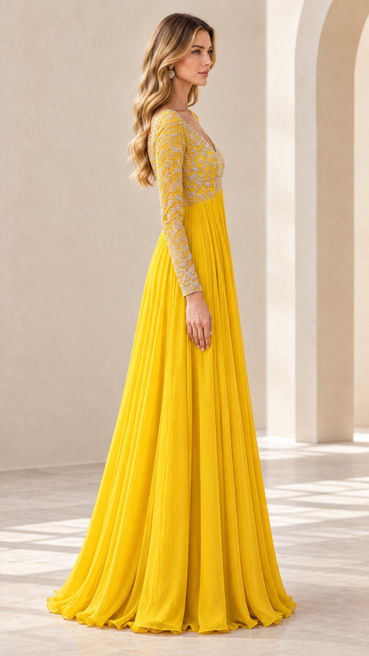 Yellow long sleeve formal evening dress side view showing flowing skirt