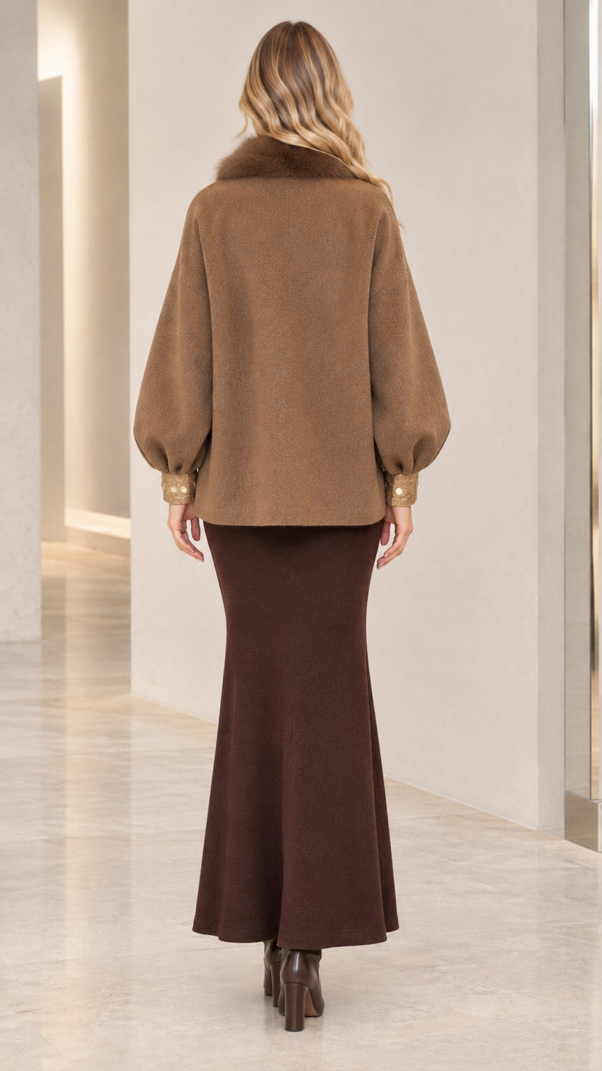 Back view of camel short wool-like jacket