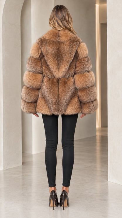 Back view of Camel paneled faux fur coat showing chevron texture