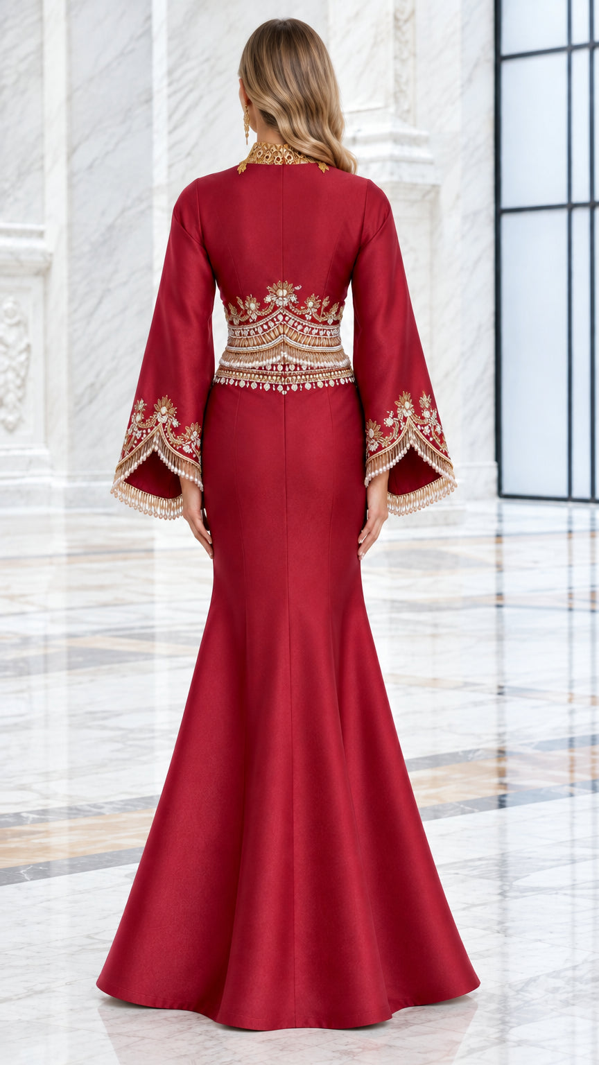 Burgundy floor-length evening gown shown from the back