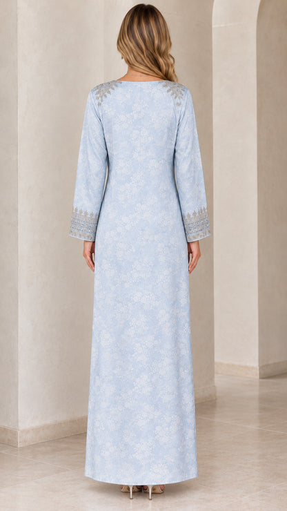 Back view of light blue floor length jacquard evening dress