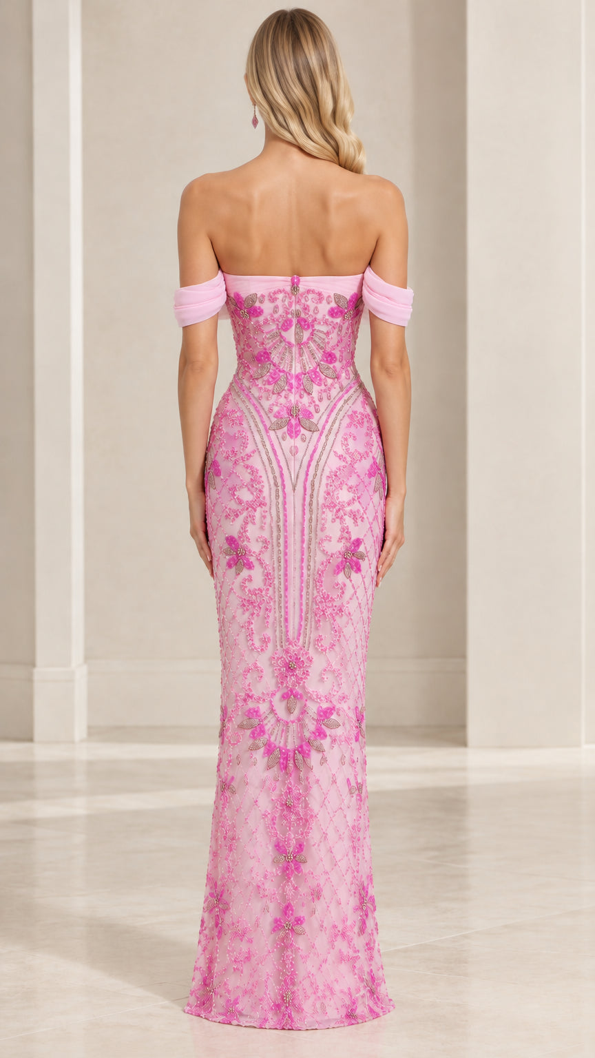 Back view of pink off-the-shoulder beaded maxi dress