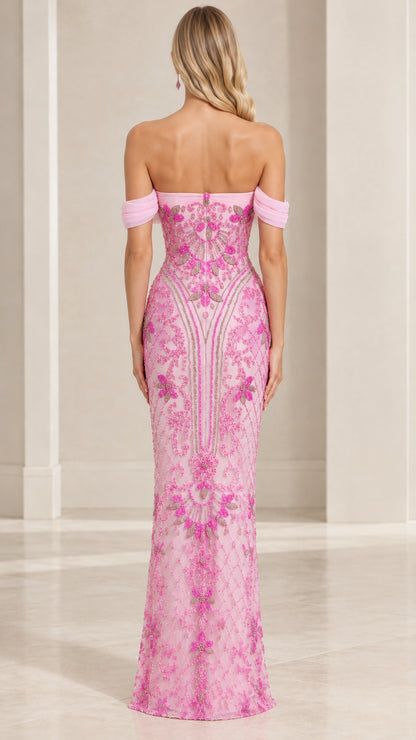 Back view of pink off-the-shoulder beaded maxi dress