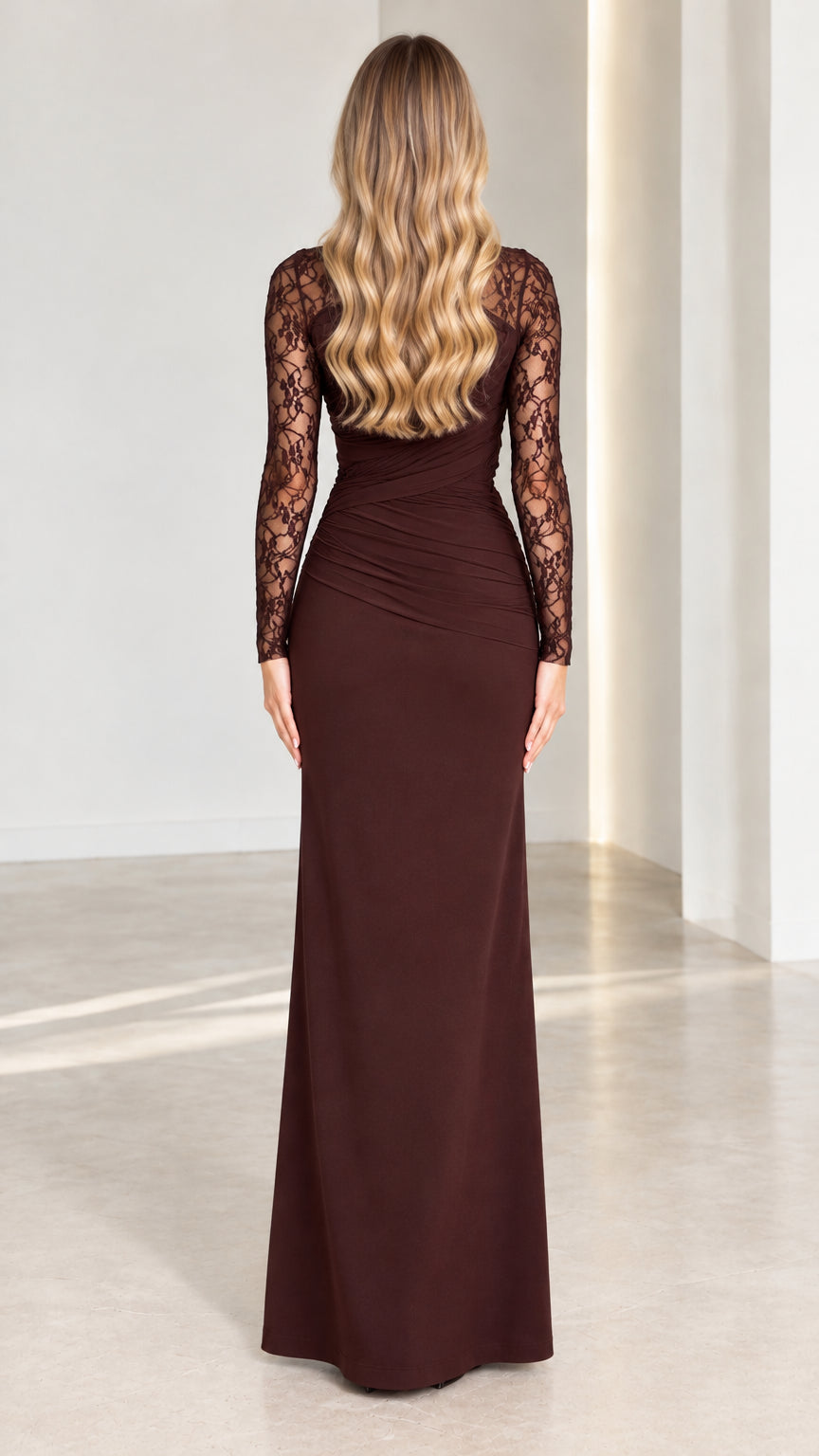 Back view of model in full-length Chocolate Brown formal gown