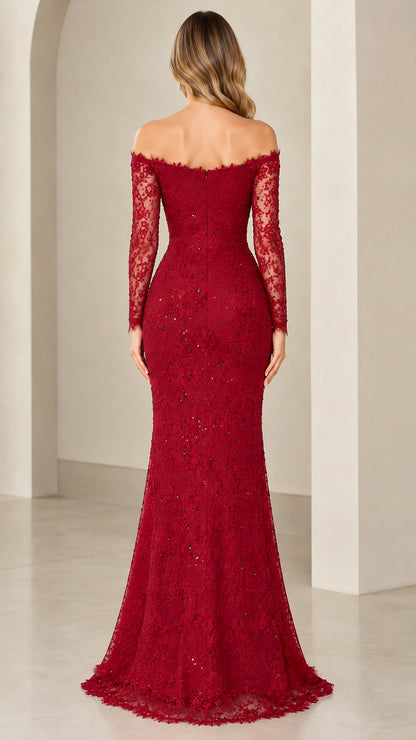Back view of woman wearing burgundy long sleeve off-the-shoulder lace formal dress
