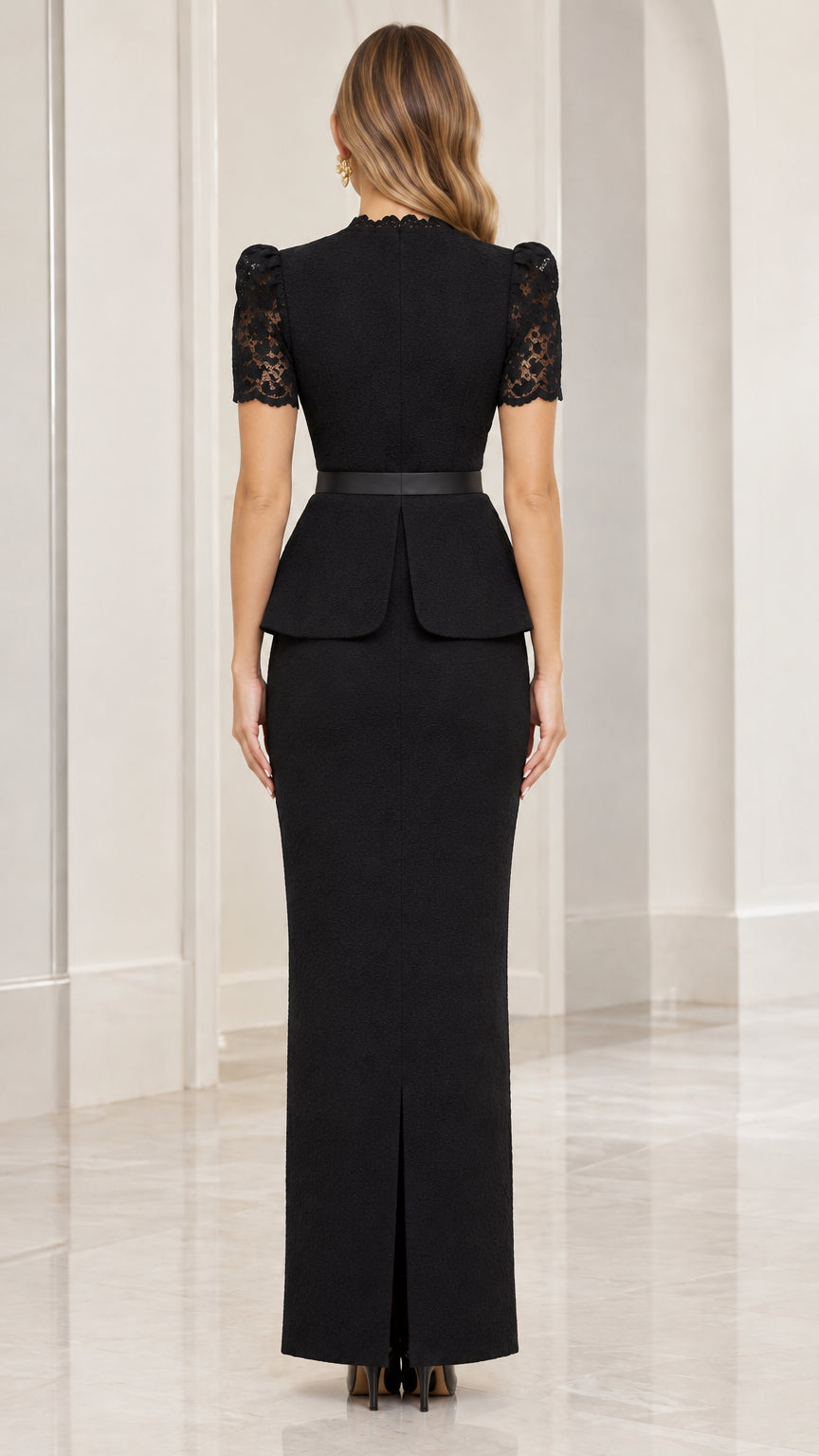 Black maxi column dress showing back view and bottom walking slit