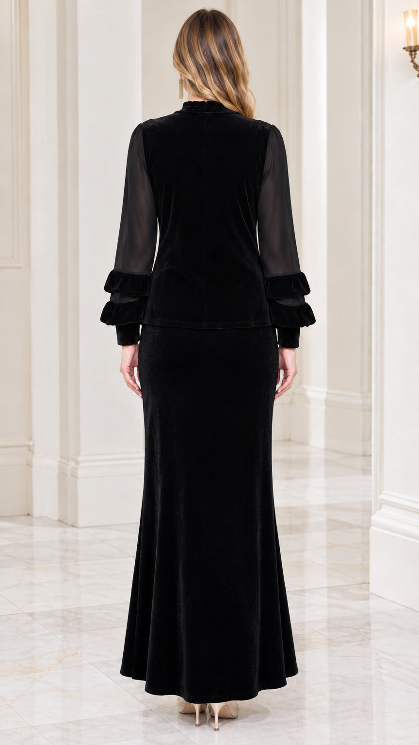 Back view of black velvet long sleeve maxi skirt set