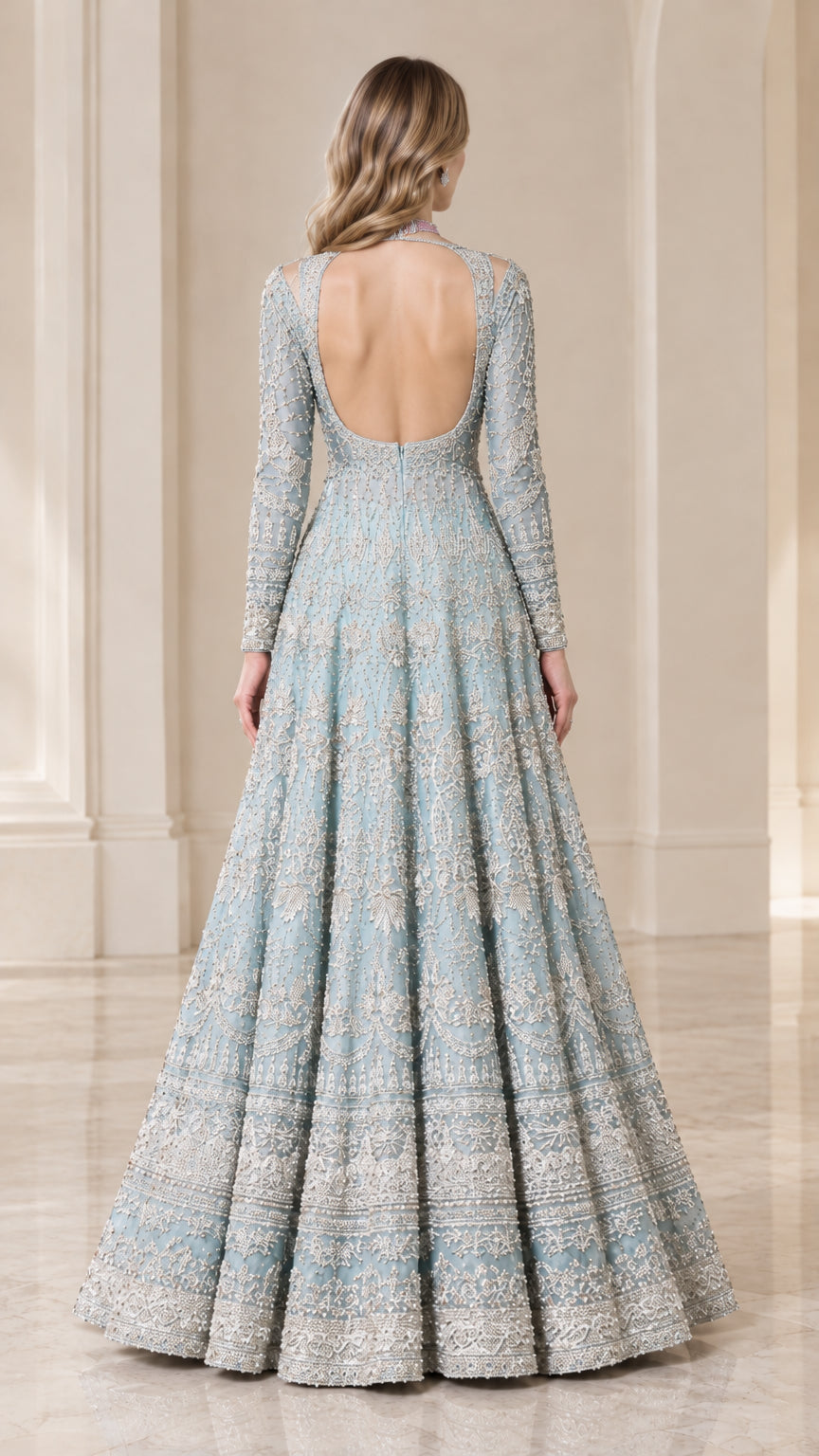 Back view of Light Blue evening gown featuring low open-back cutout